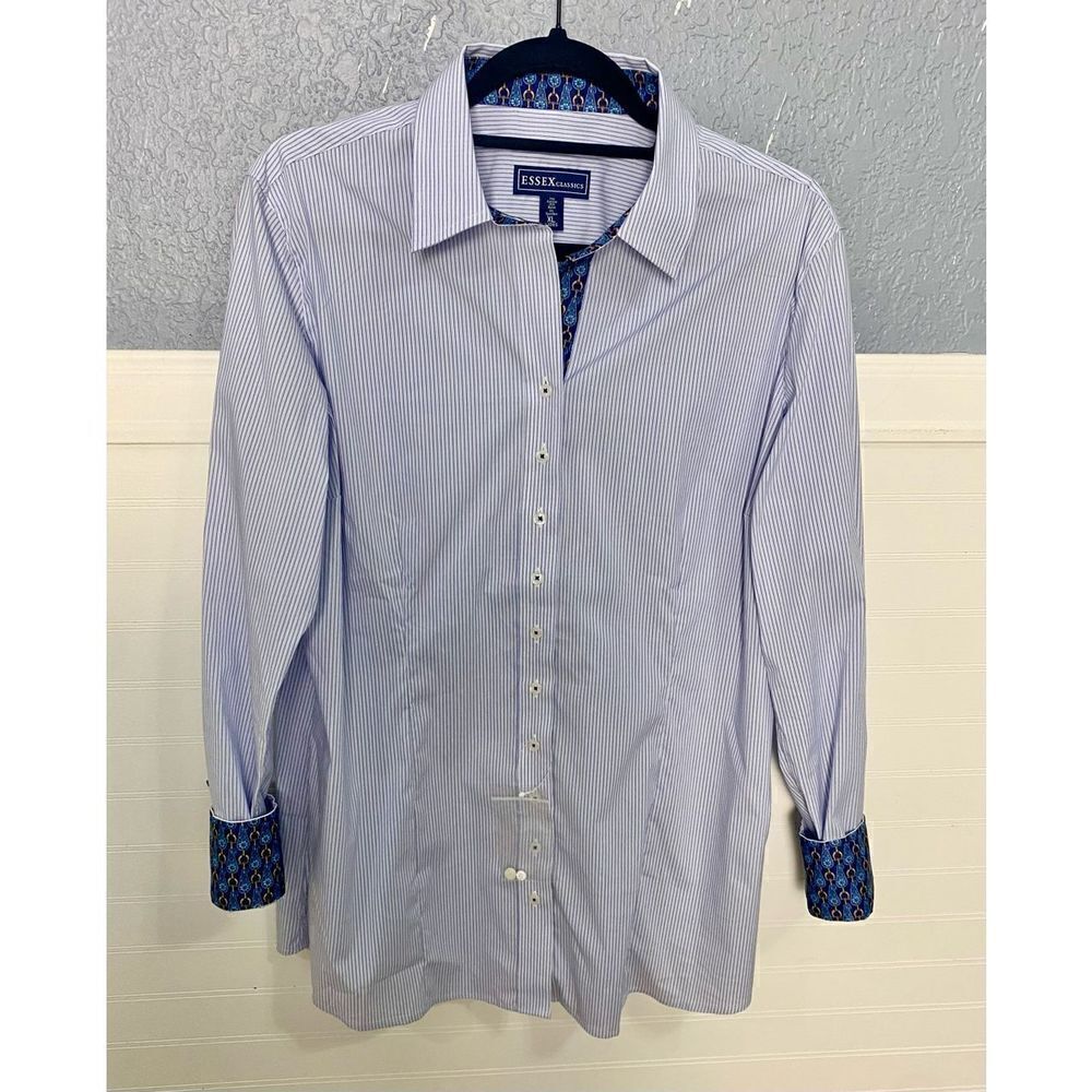 Essex Classics Women’s Long Sleeve Pinstripe Button-Up Shirt White & Blue